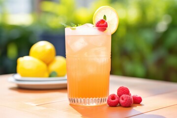 pink lemonade in a clear glass, garnished with raspberries