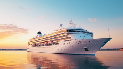 A modern, white cruise ship near the pier at sunset, side view. Travel and vacation - obrazy, fototapety, plakaty