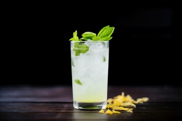lemonade in a transparent glass, ice cubes, mint leaves floating