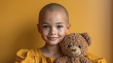 Baldie Bear - A young girl posing with a teddy bear, showcasing her unique hairstyle and the cute stuffed animal. Generative AI