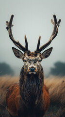 Deer with big antlers on misty morning in Scotland
