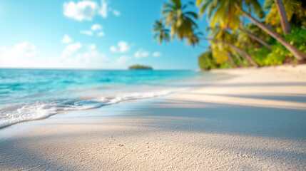 Fototapeta na wymiar Close view of tropical beach with coconut palm trees.