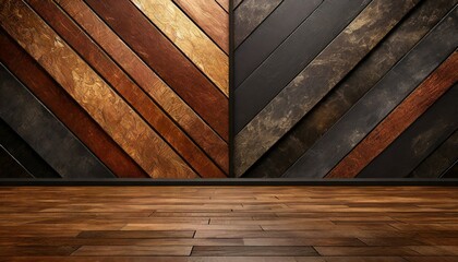 wood texture background. A harmonious blend of textures in an abstract setting, with a dark copper backdrop and a finely detailed black wood floor, creating a balance of warmth and sophistication.