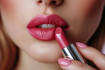 Woman hold lipstick and paint lips - obrazy, fototapety, plakaty