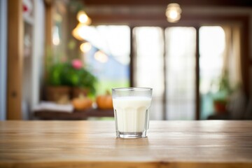 glass of milk on rustic table with dairy farm background