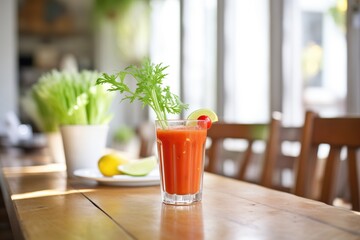 tomato juice glass with celery stalk on a brunch table