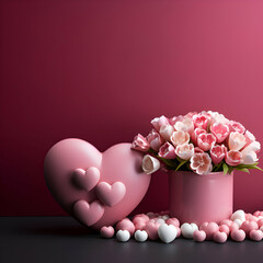 Pink tulips in a pink vase with hearts on a dark background