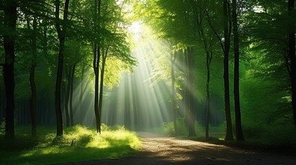 Obraz premium Forest landscape, Beautiful sunlight in green forest