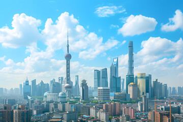 Shanghai city skyline with skyscrapers and blue sky