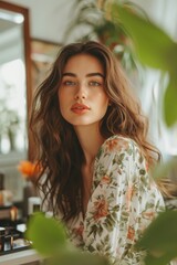 Young woman make makeup with cosmetics