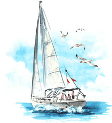 Naklejka premium Sea boat, yacht and seagulls set. Hand drawn watercolor illustration isolated on white background