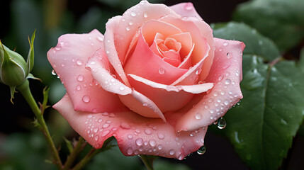 Pink Rose with drops of rain. AI generated image.