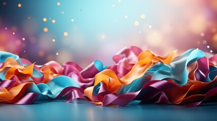A dynamic display of satin ribbons in shades of blue, pink, and orange, artistically arranged on a reflective surface with a bokeh light background, conveys a vibrant yet elegant celebration.