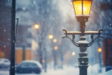 street lamp casting light on a snowy evening