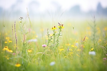 foggy meadow with wildflowers barely visible