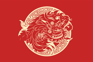 Chinese dragon symbol red background 