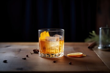 manhattan cocktail with ice cubes and an orange twist
