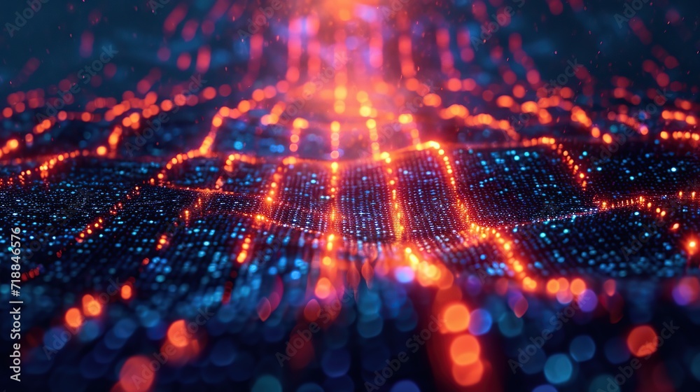 Poster abstract visualization of a digital network with dynamic blue and red nodes, representing connectivi
