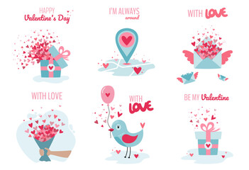 Valentines set illustration in minimal cartoon style. Greeting concept message in retro style.