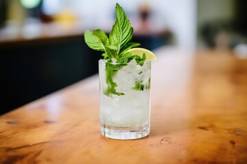 mojito with fresh mint sprig and lime wheel garnish