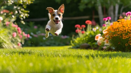 Joyful puppy leaping in the air, action shot. Green lawn and garden flowers in the background