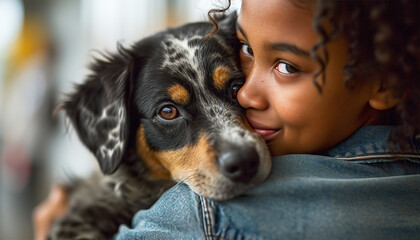 African American young woman embracing her dog. Pleased happy Afro girl gets lovely puppy, plays and embraces four legged friend with love Woman hugs dog. Humans and pets