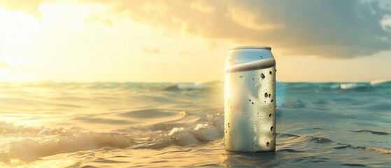 a beer can with no label on ocean background, relaxation and enjoyment at seaside