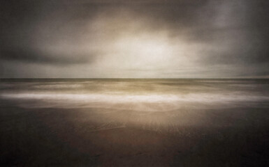 The North Sea photographed with a wooden pinhole camera, captured analogue on film. The small aperture  makes for long exposure times in which sand, sea, water, sky and clouds mix with t - obrazy, fototapety, plakaty