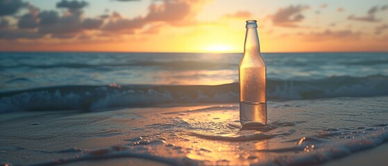 a glass bottle with no label on ocean background, relaxation and enjoyment at seaside