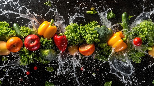 a dynamic and vibrant scene of various fresh vegetables and fruits being splashed with water, generative ai