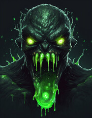 A black monster with glowing green eyes and slime coming out of its mouth looks very creepy