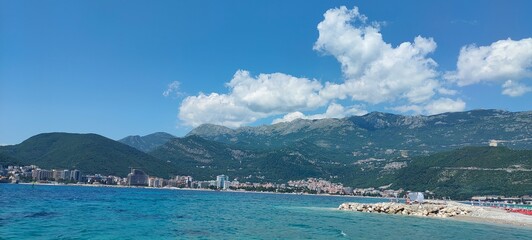 View of the azure sea and mountains