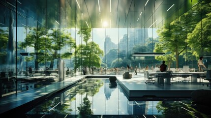Glass office and working space with blurred people walking fast movement, Eco-friendly featuring sustainable building with green environment and trees, green environment in city, Generative AI