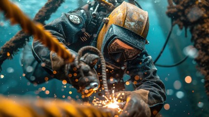 underwater welder repairs the bottom of a ship or an underwater oil platform, close up