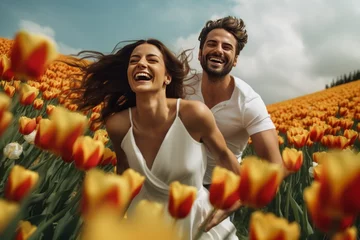 Fotobehang Ecstatic couple running joyfully through a vibrant tulip field © Iona