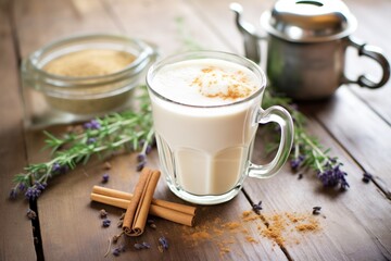 Obraz na płótnie Canvas frothy latte in a clear mug layered above fresh coffee beans