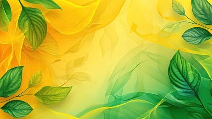 Abstract yellow and green background with leaves and lightweight fabric