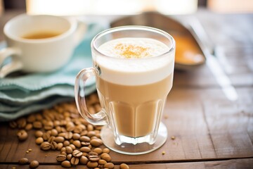 frothy latte in a clear mug layered above fresh coffee beans