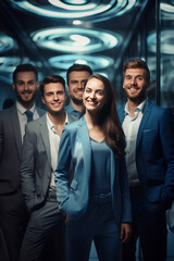 Obraz premium The office comes alive with positivity as a group of businesspeople and their team showcase uplifting body language for a group photo. Generative AI.