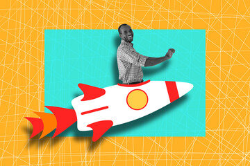 Happy successful African American businessman flying on rocket. Strategy, business, startup concept. Art collage