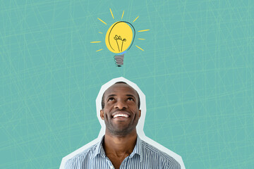 Happy young African American man with drawing lamp, isolated on blue background. Strategy, business, brainstorming, inspiration concept. Art collage - obrazy, fototapety, plakaty