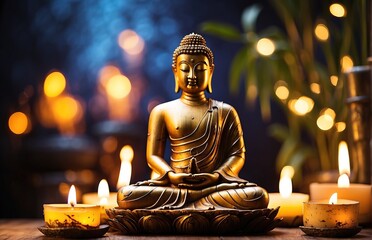 buddha statue and candles, bamboo at night atmosphere