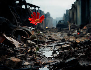 Beautiful red wild flower growing in the ruins of a city - obrazy, fototapety, plakaty