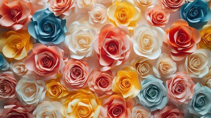 Backdrop of colorful paper roses background in a wedding reception with soft colors