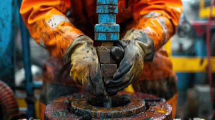 A close-up of the hands of an oil rig worker, wearing gloves and handling heavy drilling equipment, with focus on the precision and skill required for the job