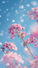 Pink cherry blossoms on blue sky background with bokeh effect