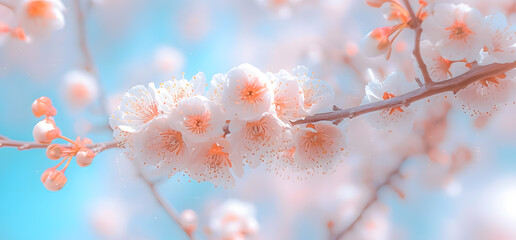 Apricot blossom on blue sky background. Sakura season