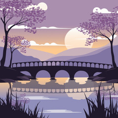 Vector flat spring or summer landscape with bridge and river at sunset. Illustration in dark gray and purple tones.
 - obrazy, fototapety, plakaty