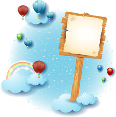 Sky landscape with clouds and wooden sign with poster. Fantasy illustration, vector eps10