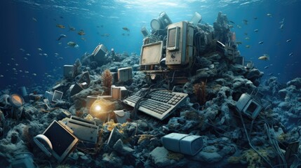  hard to recycle mass production computer hardware and garbage under water of sea